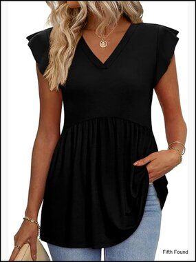 V-Neck Babydoll Top with Ruffle Sleeves, Loose Fit, Polyester Blend